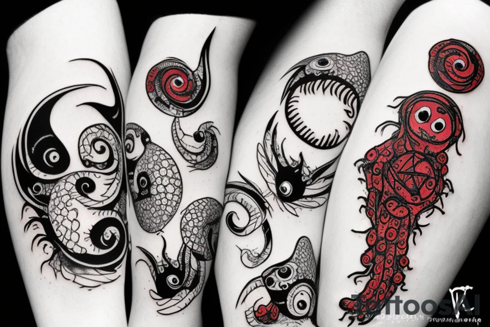 black and red monsters tattoo idea