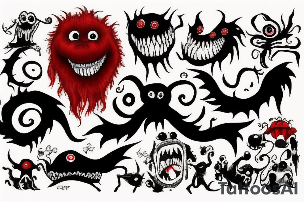 make 6 black and red monster tattoo idea