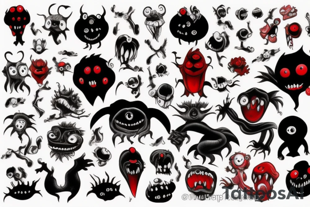 make 6 black and red monster tattoo idea