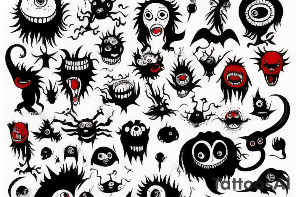 make 6 black and red monster tattoo idea