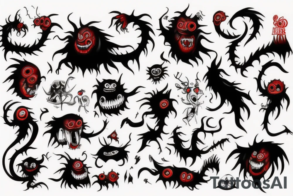 make 6 black and red monster tattoo idea