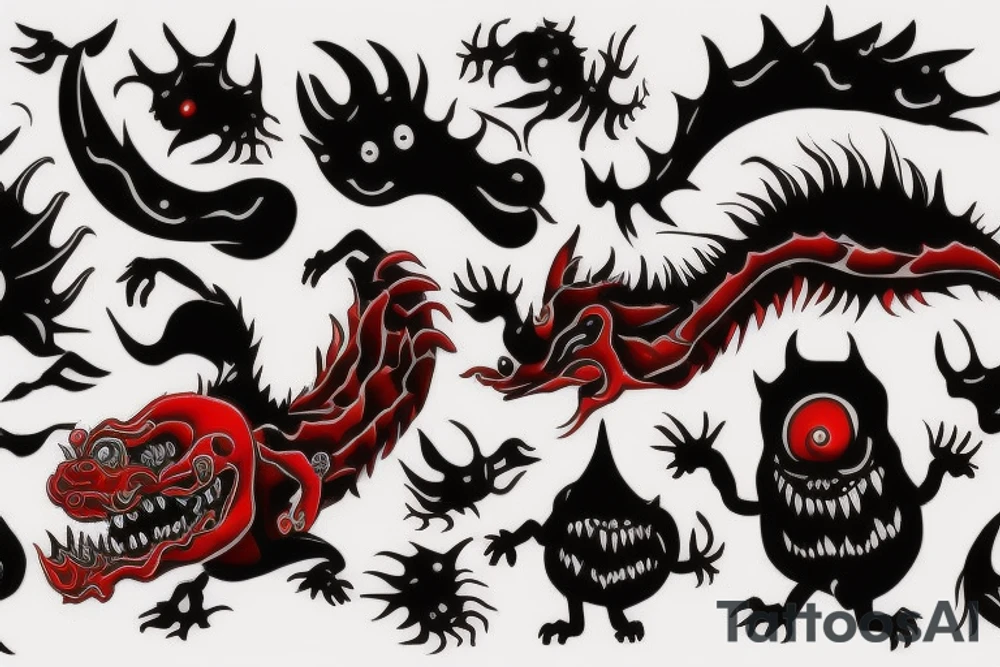 make 6 black and red monster tattoo idea