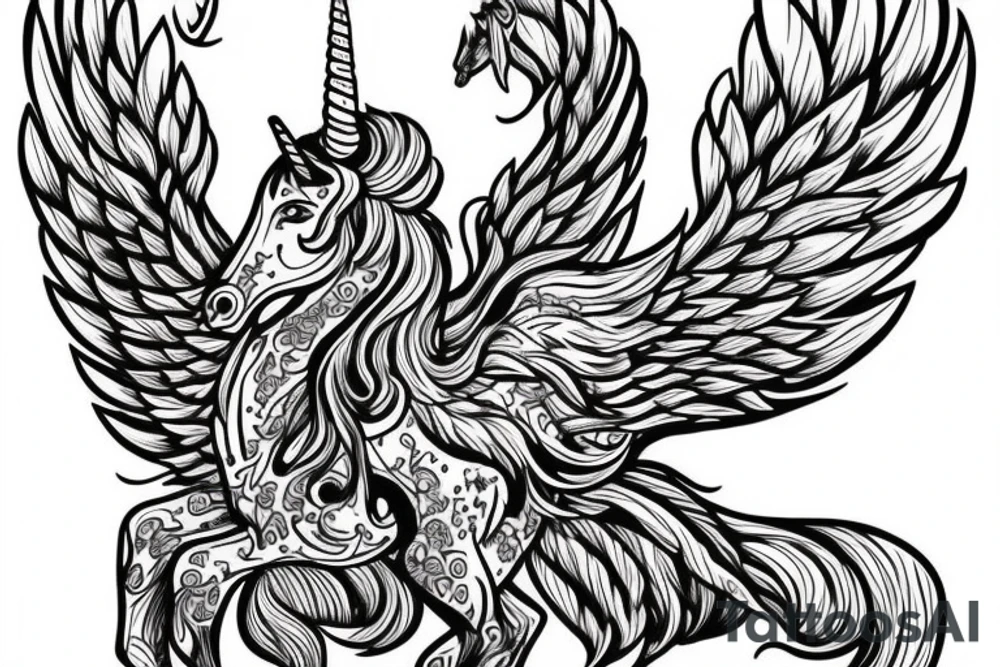 unicorn with three heads and wings tattoo idea