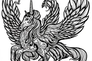 unicorn with three heads and wings tattoo idea
