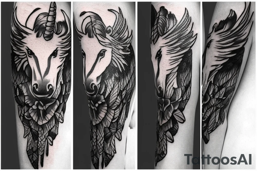 unicorn with three heads and wings tattoo idea