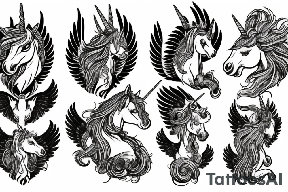 unicorn with three heads and wings tattoo idea