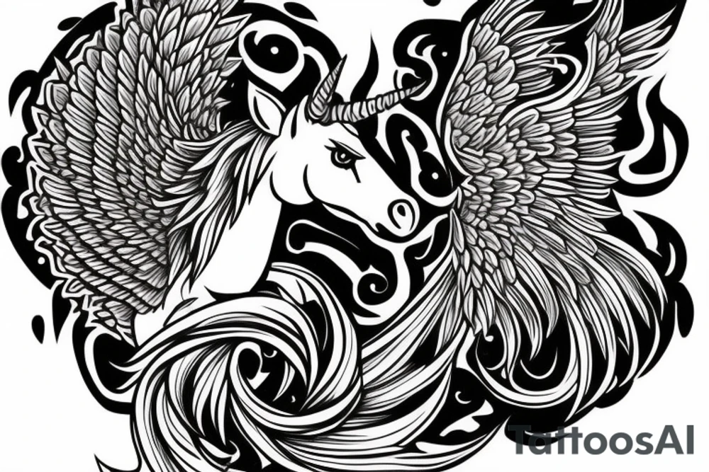 unicorn with three heads and wings tattoo idea