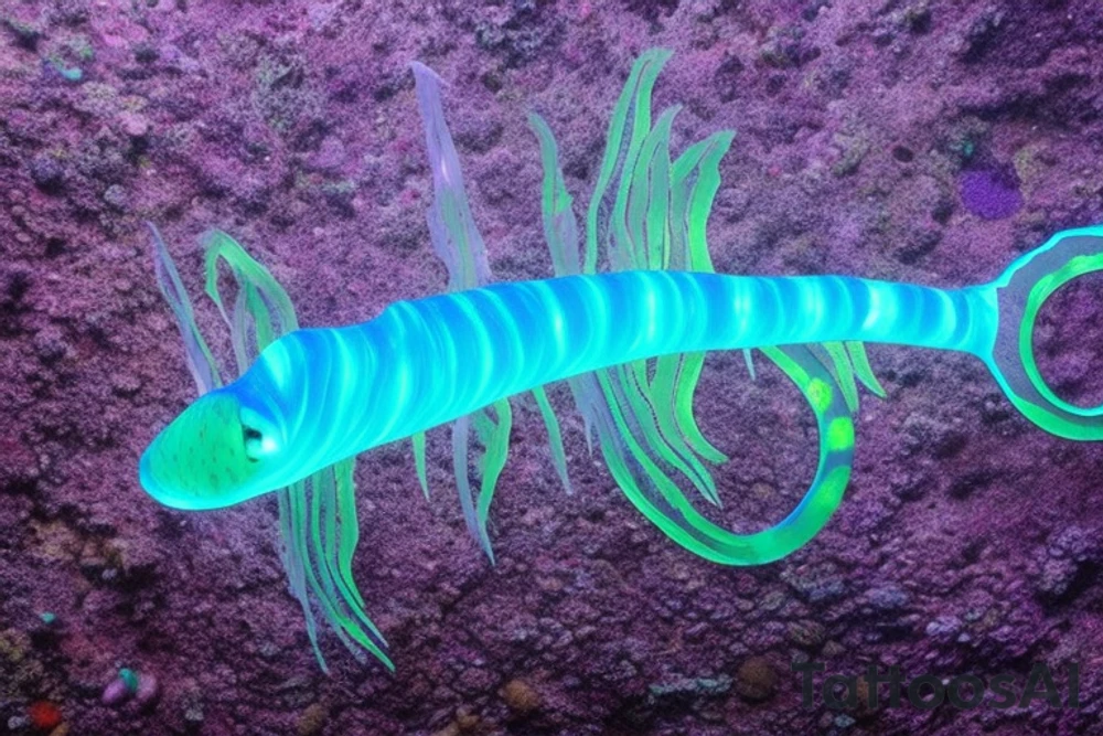 Luminous Sea Serpent:

The Luminous Sea Serpent is a deep-sea dweller with a long, sinuous body that glows with bioluminescent patterns in shades of electric blue and neon green. Its fins resemble delicate, transparent wings that undulate gracefully as it swims through the dark depths of the ocean. The serpent's eyes are large and iridescent, capable of captivating anyone who gazes into them. tattoo idea