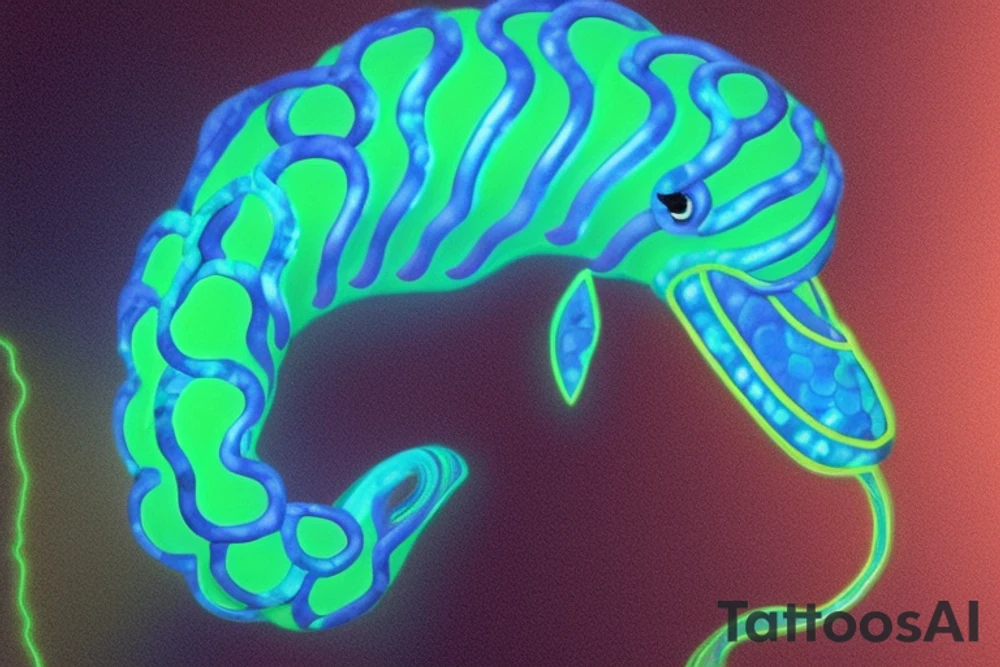 Luminous Sea Serpent:

The Luminous Sea Serpent is a deep-sea dweller with a long, sinuous body that glows with bioluminescent patterns in shades of electric blue and neon green. Its fins resemble delicate, transparent wings that undulate gracefully as it swims through the dark depths of the ocean. The serpent's eyes are large and iridescent, capable of captivating anyone who gazes into them. tattoo idea