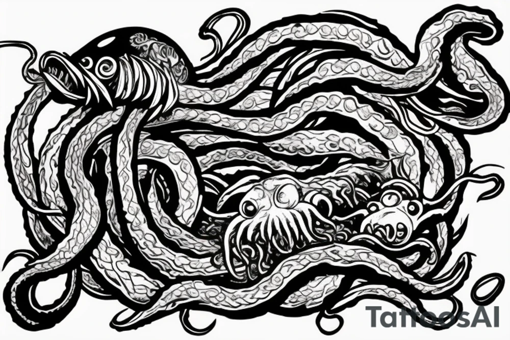 Kraken: The Kraken is a sea monster with tentacles that can be emerging from the deep ocean. It can have a massive, menacing appearance with a hint of mystery. tattoo idea