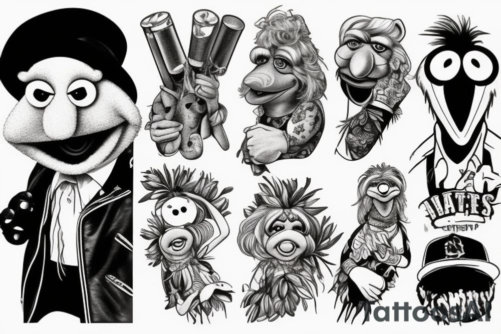 Create a tattoo design in photorealistic look of animal from the muppets, with a hip-hop/rapper look, holding drumsticks tattoo idea
