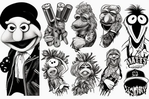 Create a tattoo design in photorealistic look of animal from the muppets, with a hip-hop/rapper look, holding drumsticks tattoo idea