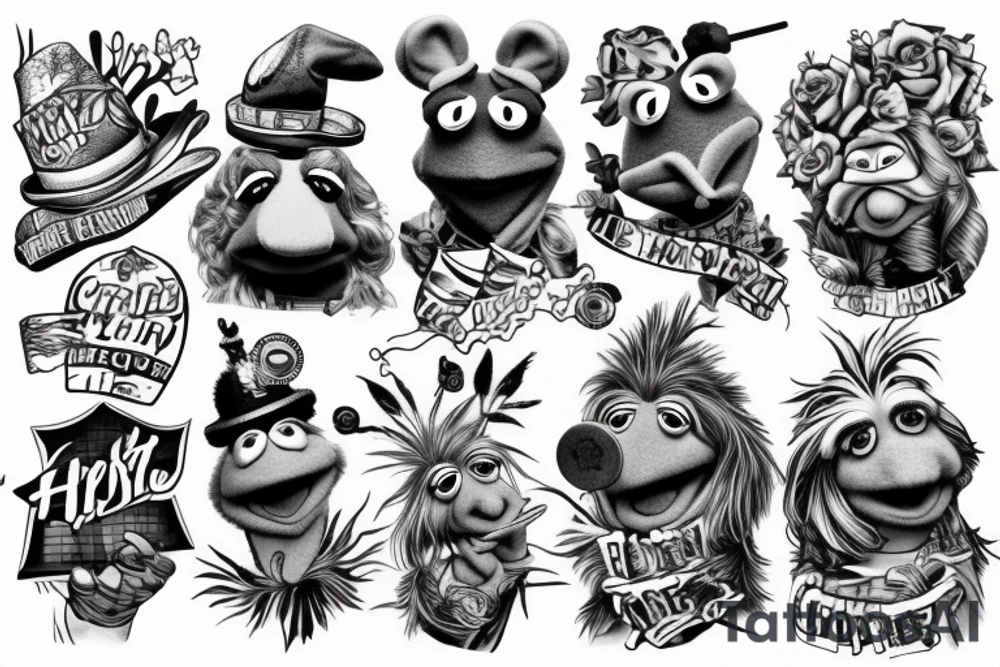 Create a tattoo design in photorealistic look of animal from the muppets, with a hip-hop/rapper look, holding drumsticks tattoo idea