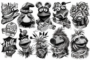 Create a tattoo design in photorealistic look of animal from the muppets, with a hip-hop/rapper look, holding drumsticks tattoo idea