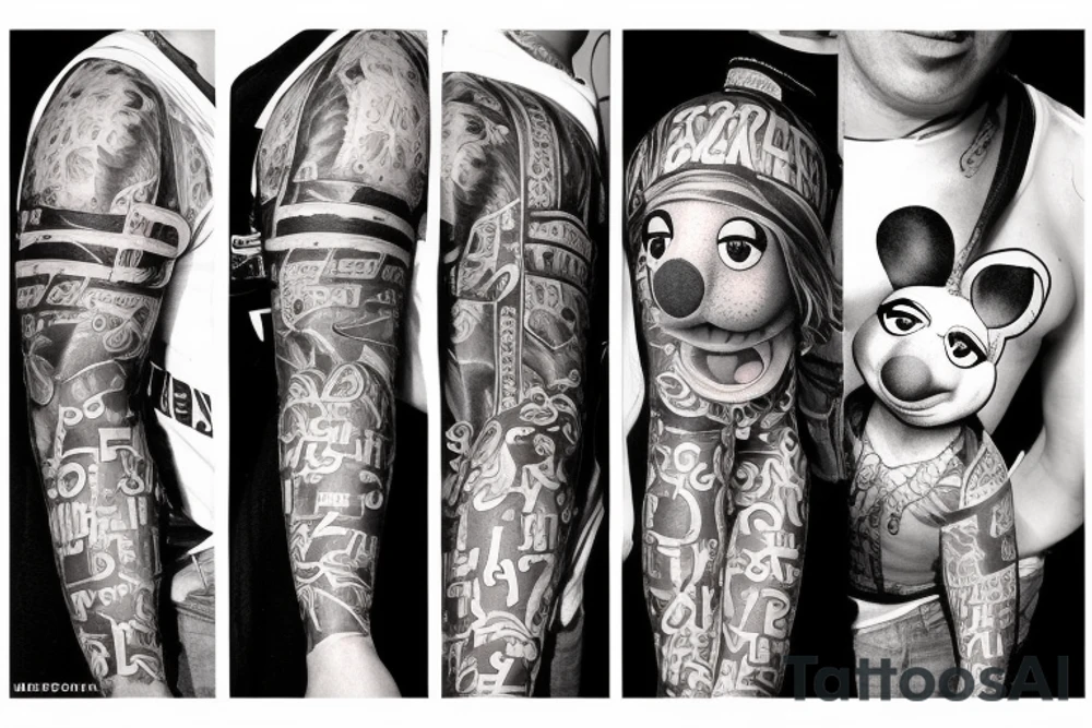 Create a tattoo design in photorealistic look of the character Animal from the muppets, with a hip-hop/rapper look, holding drumsticks. tattoo idea