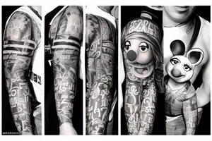 Create a tattoo design in photorealistic look of the character Animal from the muppets, with a hip-hop/rapper look, holding drumsticks. tattoo idea