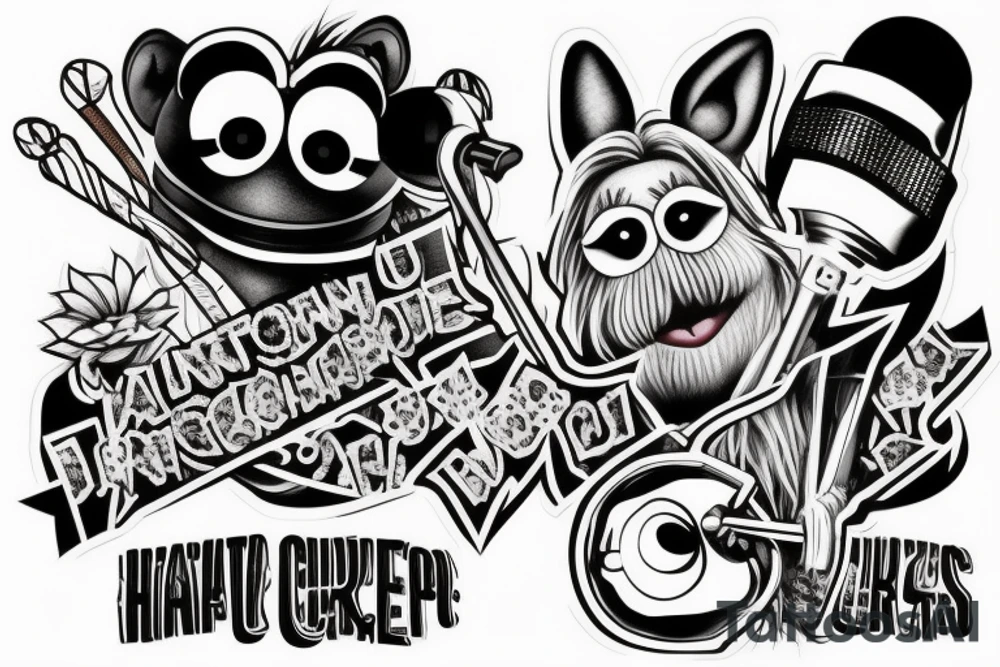 Create a tattoo design in photorealistic look of the character Animal from the muppets, with a hip-hop/rapper look, holding drumsticks. tattoo idea