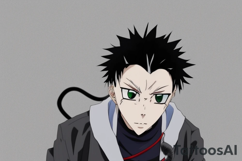Generate an anime-style image of a cat dressed as Gojo Satoru, a character from the anime Jujutsu Kaisen. Gojo Satoru is a tall and striking figure with white hair and a youthful face. He typically wears a traditional Jujutsu Kaisen outfit, which consists of a long, dark coat with a white inner shirt and black pants. His most iconic feature is the black blindfold that covers his eyes, which adds to his enigmatic and powerful presence. The cat should embody the essence of Gojo Satoru's character, including the hairstyle, the dark coat, white inner shirt, black pants, and, most importantly, the blindfold. The image should be in a distinct anime style, capturing the confidence and aura of Gojo Satoru while maintaining the distinct feline characteristics of the cat. tattoo idea