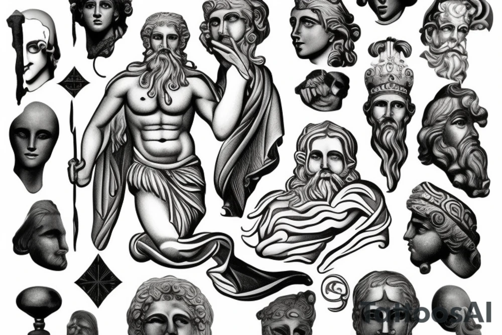 Statue of the Face of the Greek God Zeus which has a crack across the shape through which his true form is visible tattoo idea