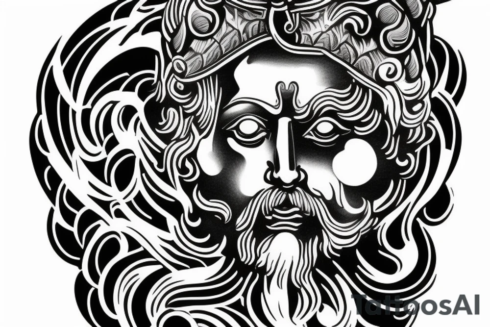 Statue of the Face of the Greek God Zeus which has a crack across the shape through which his true form is visible tattoo idea