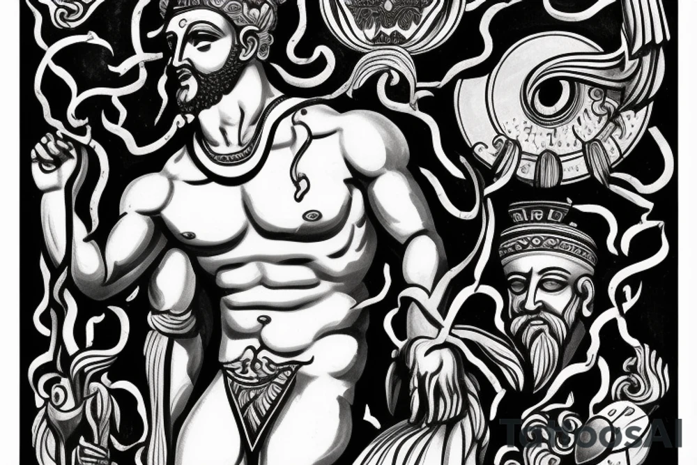 Statue of the Face of the Greek God Zeus which has a crack across the shape through which his true form is visible tattoo idea