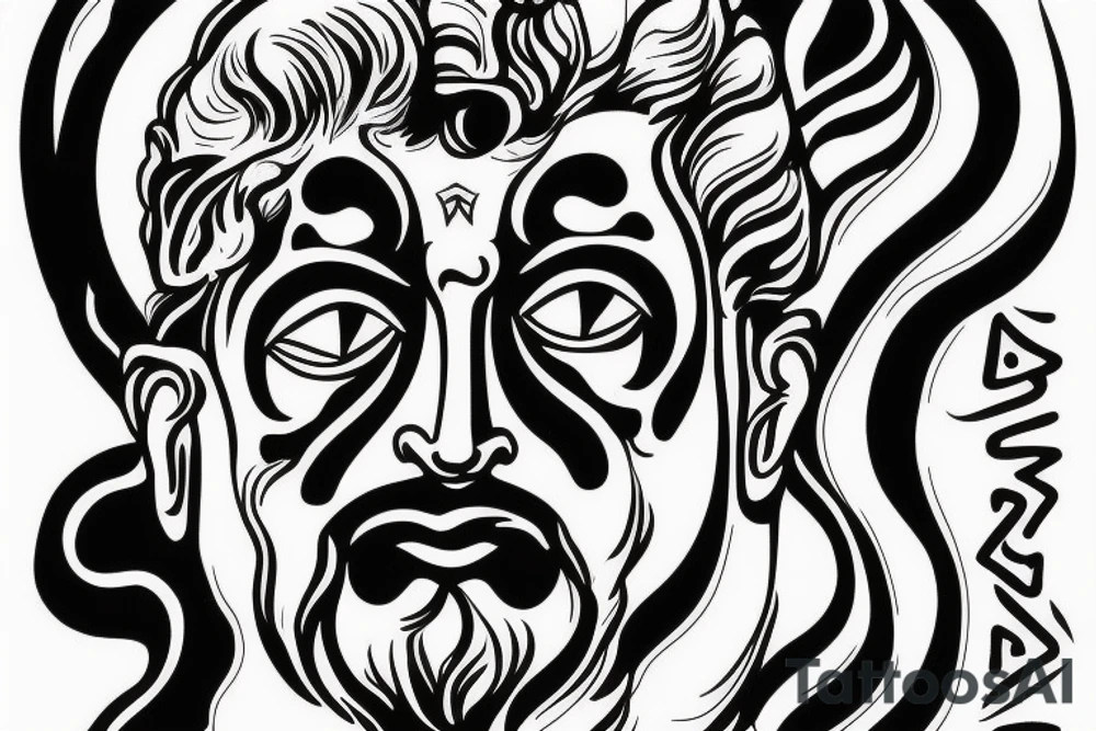 Statue of the Face of the Greek God Zeus which has a crack across the shape through which his true form is visible tattoo idea