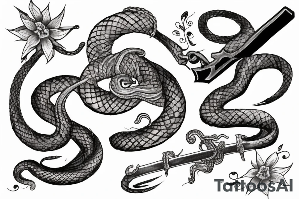 Snake climbing a sword with flowers tattoo idea