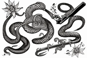 Snake climbing a sword with flowers tattoo idea
