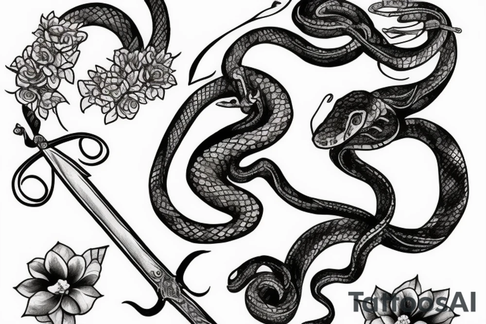 Snake climbing a sword with flowers tattoo idea