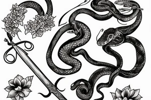 Snake climbing a sword with flowers tattoo idea
