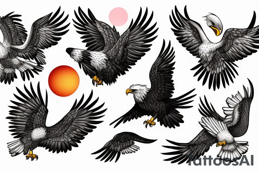 an eagle flying high, in front of a beautiful sunset tattoo idea
