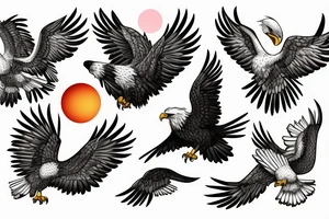an eagle flying high, in front of a beautiful sunset tattoo idea