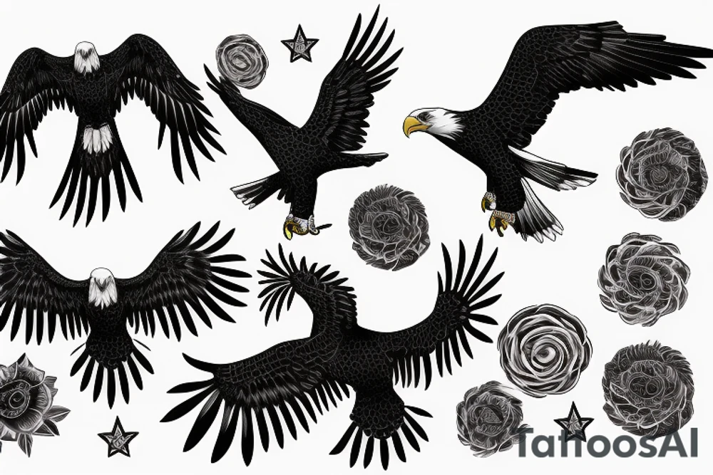 an eagle flying high, in front of a beautiful sunset tattoo idea