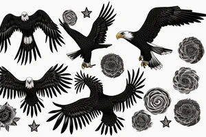 an eagle flying high, in front of a beautiful sunset tattoo idea