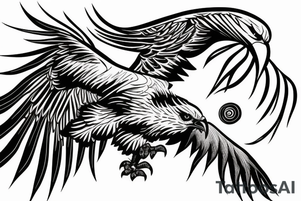 an eagle flying high, in front of a beautiful sunset tattoo idea