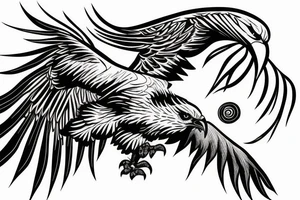 an eagle flying high, in front of a beautiful sunset tattoo idea
