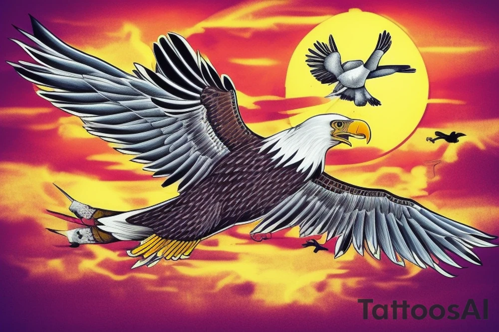 an eagle flying high, in front of a beautiful sunset tattoo idea
