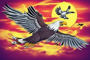 an eagle flying high, in front of a beautiful sunset tattoo idea