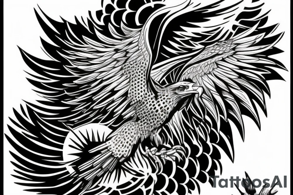 an eagle flying high, in front of a beautiful sunse tattoo idea