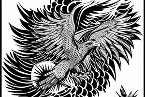 an eagle flying high, in front of a beautiful sunse tattoo idea
