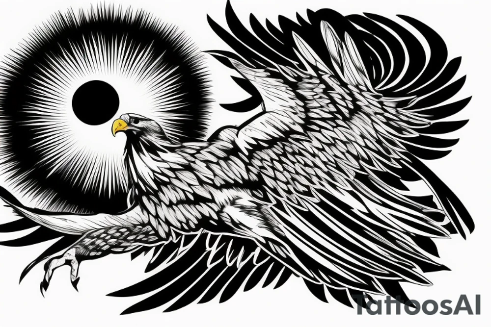 an eagle flying high, in front of a beautiful sunse tattoo idea