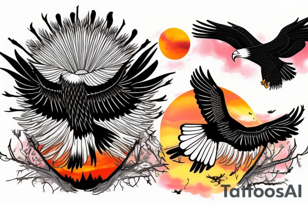 an eagle flying high, in front of a beautiful sunset tattoo idea
