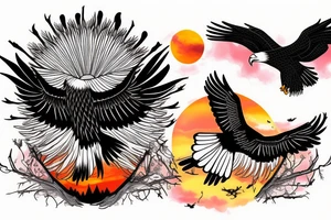 an eagle flying high, in front of a beautiful sunset tattoo idea