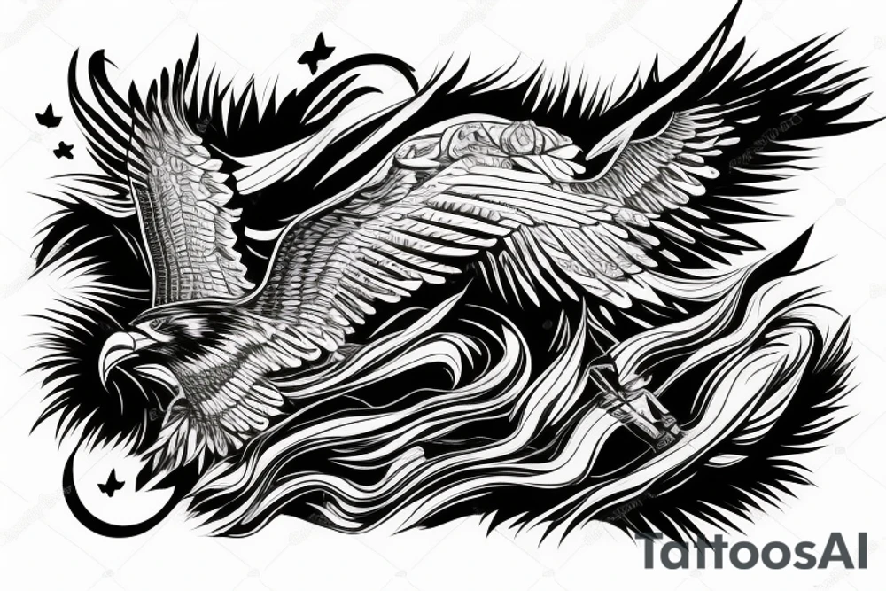 an eagle flying high, in front of a beautiful sunset tattoo idea