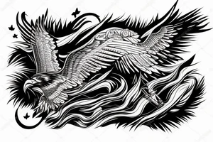 an eagle flying high, in front of a beautiful sunset tattoo idea