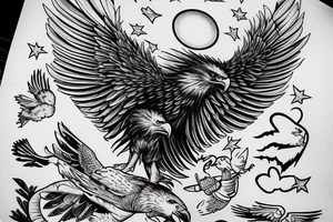 an eagle flying high, in front of a beautiful sunset tattoo idea
