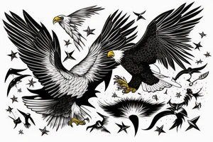 an eagle flying high, in front of a beautiful sunset tattoo idea