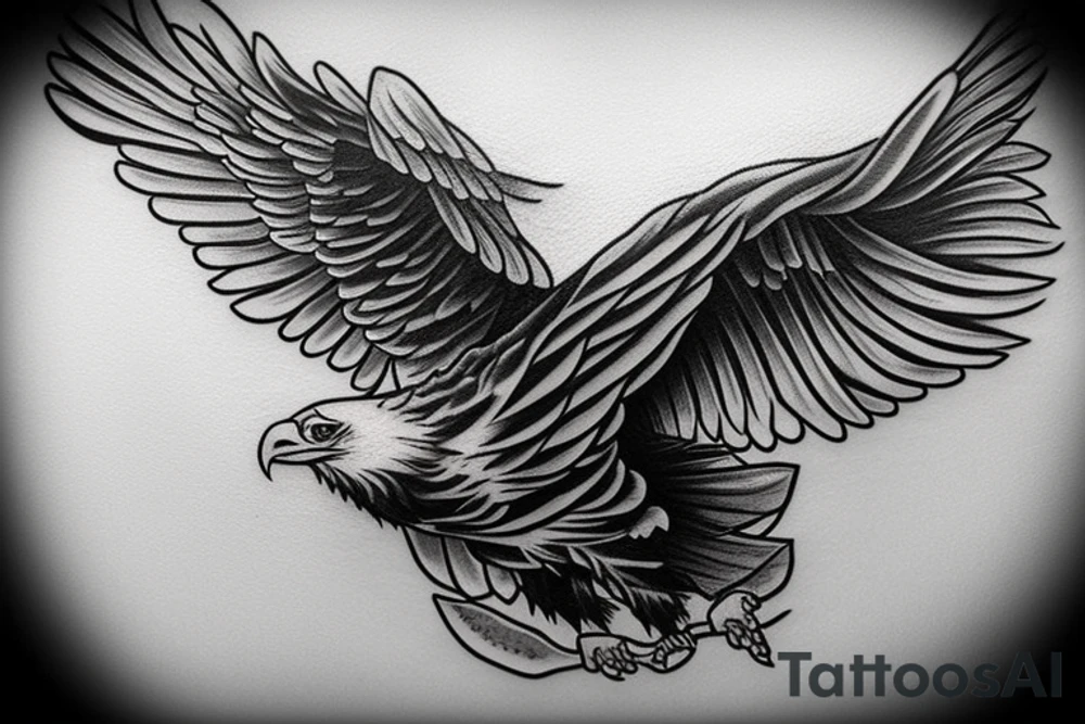 an eagle flying high, in front of a beautiful sunset, without mistakes or double wings. a beautiful and harmonious tattoo for the back tattoo idea