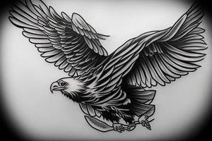 an eagle flying high, in front of a beautiful sunset, without mistakes or double wings. a beautiful and harmonious tattoo for the back tattoo idea