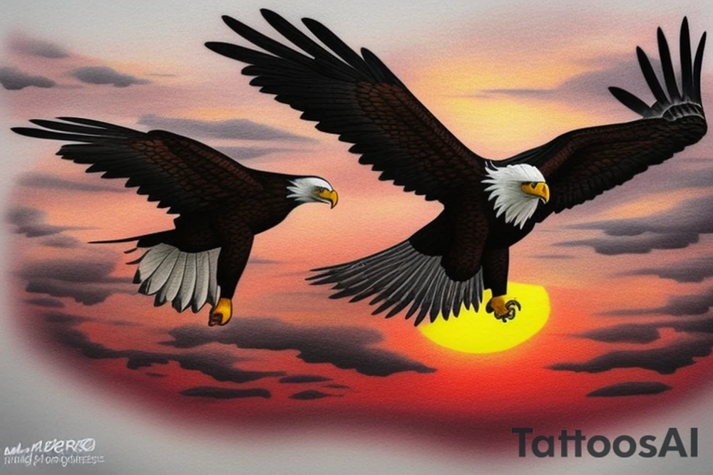 an eagle flying high, in front of a beautiful sunset, without mistakes or double wings. a beautiful and harmonious tattoo for the back tattoo idea